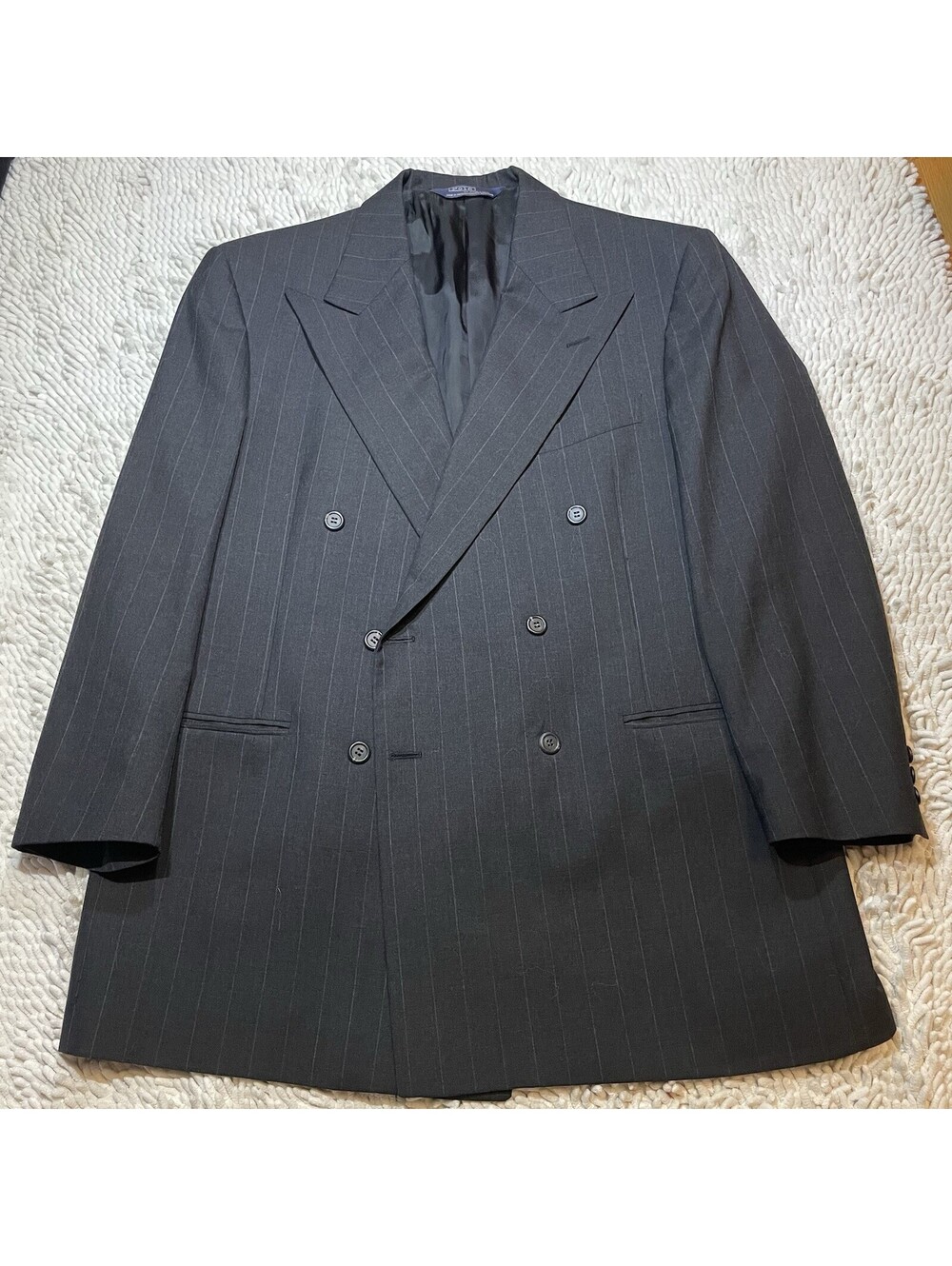 Vintage 90s Polo Ralph Lauren Black Pinstripe Double Breasted Wool Blazer 42R
